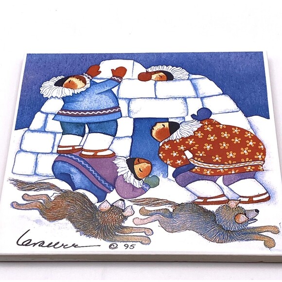 VTG '95 Barbara Lavalee Ceramic TILE Eskimo Igloo Dogs - 6" - Picture 2 of 4